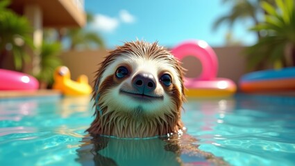 Fototapeta premium Sloth swimming in a bright blue pool surrounded by colorful inflatable toys and tropical plants, showcasing a playful and vibrant summer atmosphere