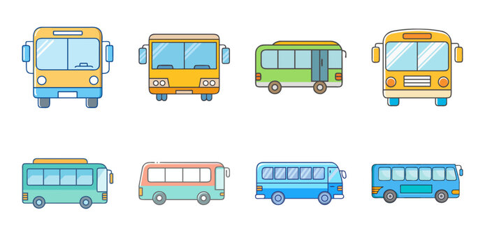 Colorful school buses and transit vehicles set - Bright and cheerful set of school buses, transit buses, and a train in vibrant colors, ideal for education, transportation, and vector illustrations.