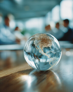 Global Business Strategy: A clear crystal globe showcasing North and South America sits on a polished wooden table, with a blurred background of business professionals in a meeting.