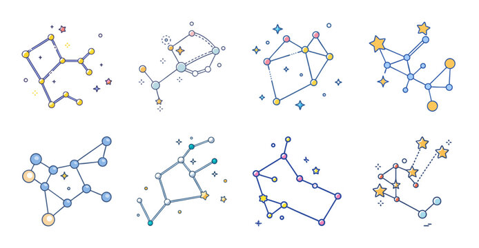 Chemical molecular structures and bonds illustration - Colorful vector icons showing different molecular structures and chemical bonds in a clean, scientific style.