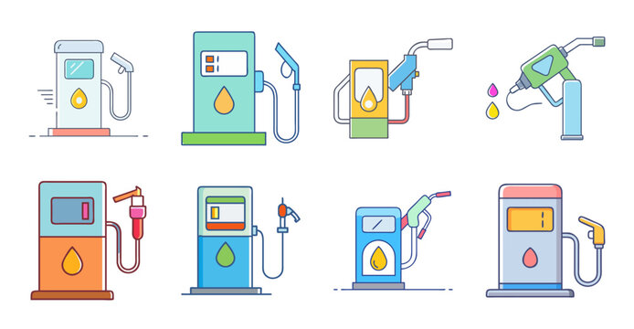 Modern gas station payment icons set - Bright, colorful vector icons showing different gas payment methods at a fuel station including card, cash, and mobile payment options.