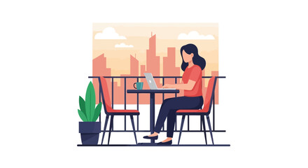 Fototapeta premium Woman Working Remotely on Laptop at Balcony with City View Flat Vector Illustration