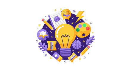 Obraz premium Creativity and Innovation Concept Flat Vector Illustration with Lightbulb, Brain, Pencil, and Art Tools for Brainstorming and Education