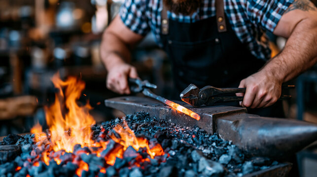 Blacksmith apprentice holds iron tongs steadying a glowing rod as a master craftsman demonstrates traditional forge-welding technique during a heritage craft revival residency program where rural sk
