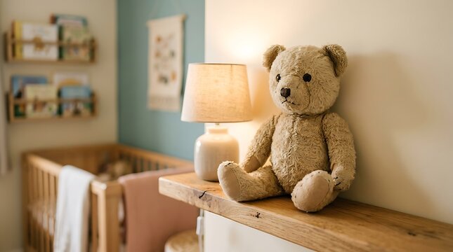 Teddy bear on a shelf in nursery.