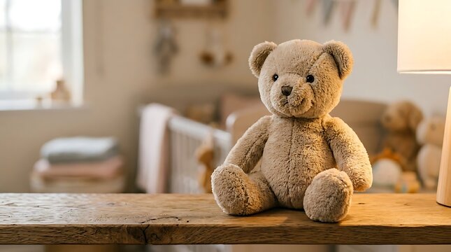 Cuddly teddy bear on wooden table.