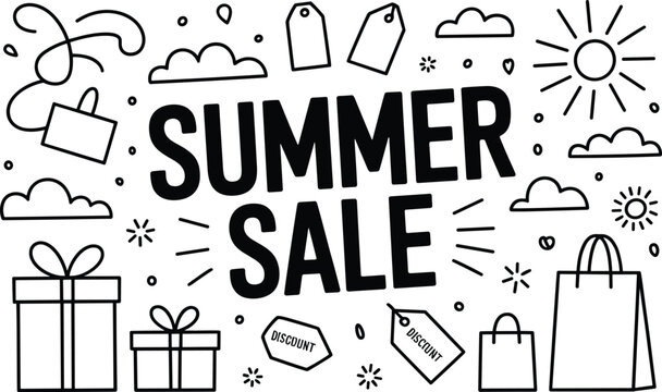 Summer sale promotional featuring hand drawn outline of shopping bags, gift boxes, price tags, clouds, and sun on white background
