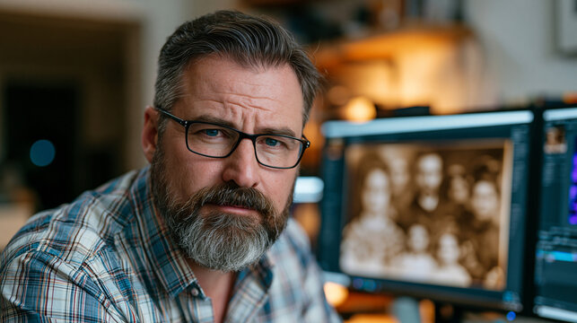 Digital colorization artist peers at dual-monitor workstation where a sepia-toned nineteenth-century immigrant family portrait from a national archive appears in photorealistic natural tones for the