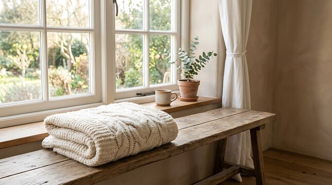 Cozy interior with folded towels window.