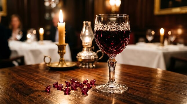 Red wine glass on wooden table.