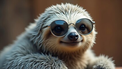 Fototapeta premium Sloth wearing stylish sunglasses poses for the camera with a playful expression, showcasing its unique fur texture and charming demeanor in a natural setting