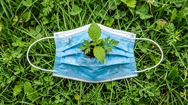 Blue face mask with green leaves.