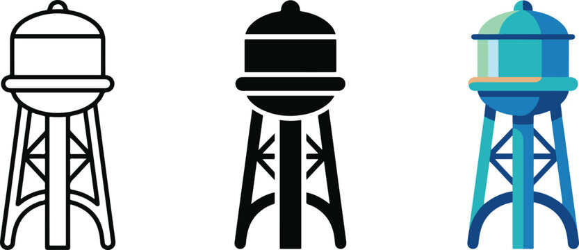 Three water tower illustrations in different styles and colors