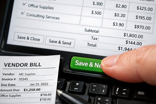 Hand Pressing Save Button on Accounting Software with Vendor Bill