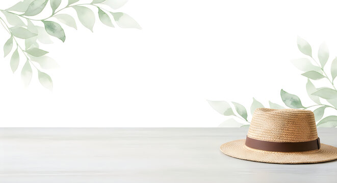 Light rustic tabletop backdrop with soft watercolor leaves and straw hat