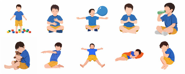 Fototapeta premium Little boy character set practicing mindfulness and emotional regulation exercises for mental health and wellness