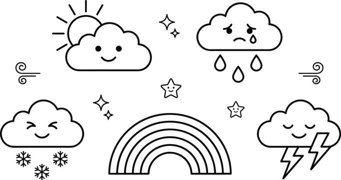 Cute weather icons set for kids coloring page vector illustration with happy clouds rainbow and sun