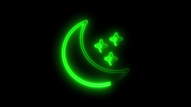 Glowing neon green crescent moon with stars on black background night sky symbol magic glow neon sign lunar crescent