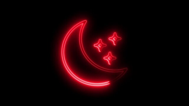Glowing red neon crescent moon with stars on black background for night sky or fantasy themed projects