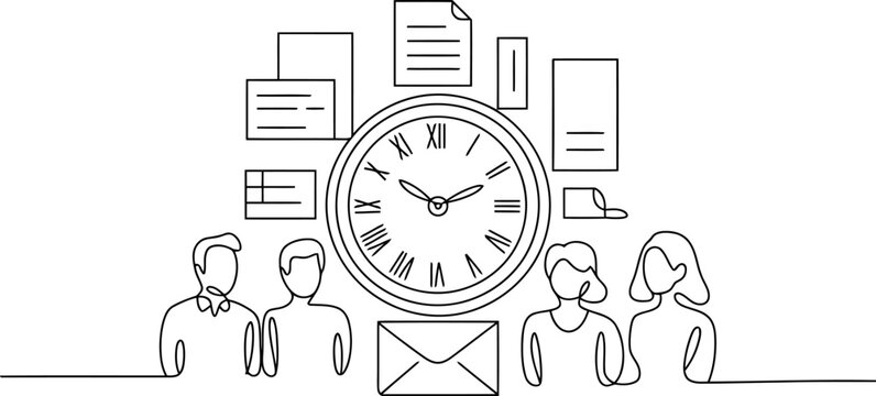 Continuous line of a clock with Roman numerals, office papers, and five people in a business setting 