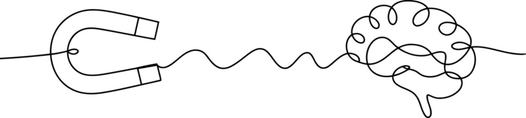 Obraz premium Continuous line of a horseshoe magnet attracting a stylized human brain with a wavy line representing thought or