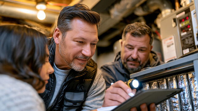 Real estate inspector examining HVAC air handler unit in basement utility room, flashlight aimed at coil, notation being added to digital report on tablet, homebuyer leaning in to observe, modest un