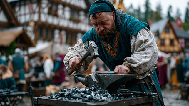 Reenactment farrier hammers a horseshoe on a portable forge anvil at a living history medieval market while costumed guild traders crowd the rain-soaked cobblestone lanes around a recreated town squ