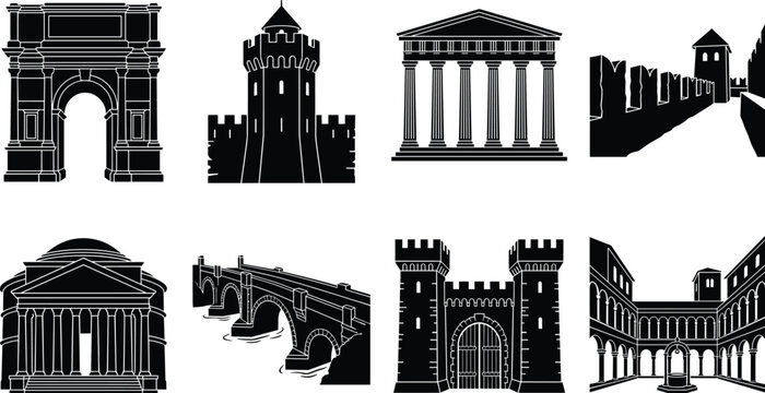 Historical architecture silhouette icons set featuring ancient roman monuments medieval castles stone bridges and antique pillars