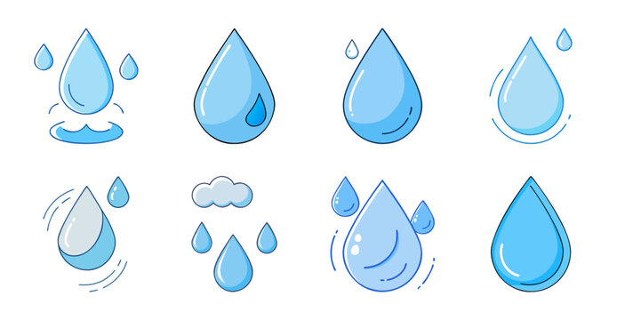 Colorful water droplets falling illustration - Bright and cheerful water droplets in various sizes falling against a clean background, perfect for nature or weather-themed designs.