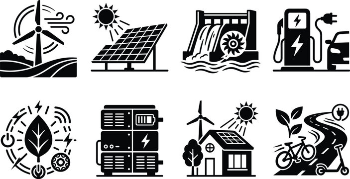 Renewable energy icon set featuring wind turbine solar panel hydro dam electric car charging and green house vector illustration