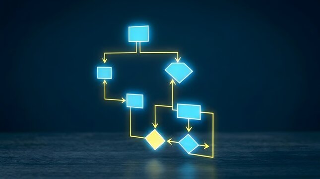 Flowchart diagram with neon glow on dark blue background decision making process
