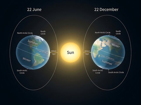 Detailed illustration showing earths seasonal changes with summer and winter solstice positions explained