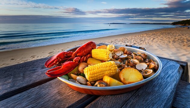 lobster and clam bake with corn and potatoes on the beach in new england