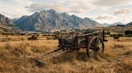Fototapeta premium Rustic wooden cart in a golden field with majestic mountains, rural landscape for travel and history