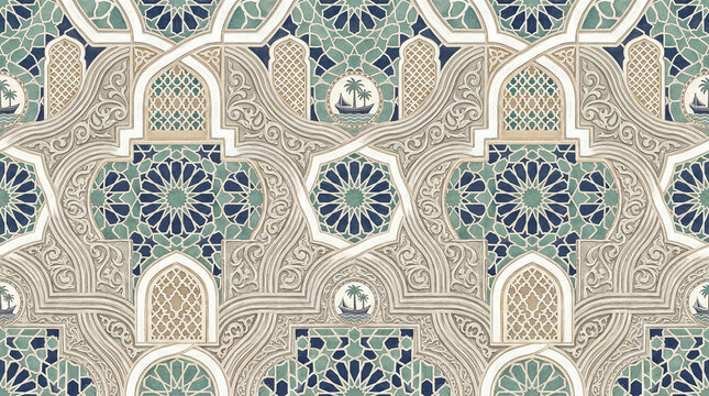 Intricate seamless moorish geometric pattern with arabesque architectural elements.