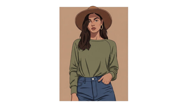 Woman wearing green sweater and blue jeans poses confidently outdoors