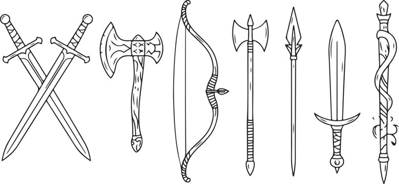Medieval weapon sketches including crossed swords battle axes longbow spear and magic staff with snake detail for fantasy themes.