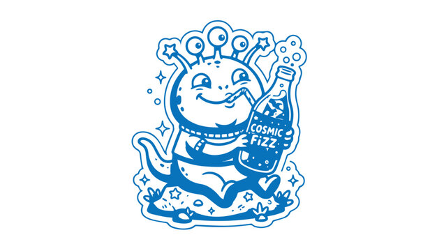 Cute three-eyed alien drinking cosmic fuzz soda illustration with sci