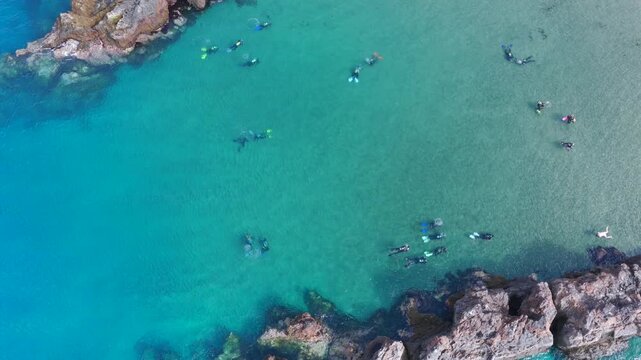 Aerial Drone View of Scuba Divers Training in Crystal Clear Coastal Waters of Puerto del Carmen Lanzarote
