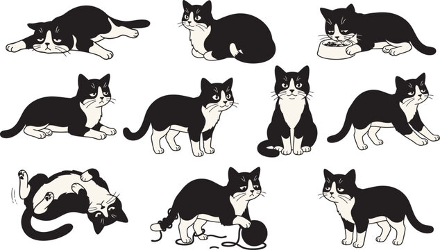 Cute Tuxedo Cat Character Poses Sheet Funny Black and White Kitten Expressions Sleeping Playing Eating Vector Set