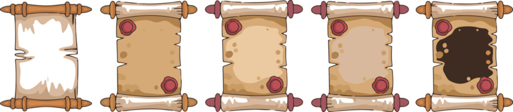 Set of ancient parchment scrolls with wooden handles and wax seals, suitable for game assets or historical documents.