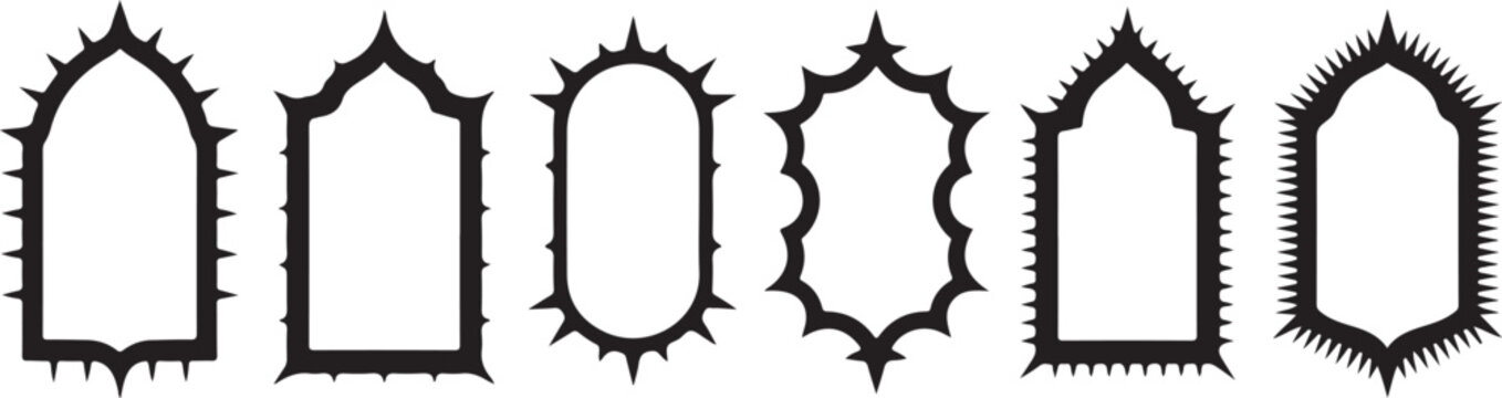 Gothic spiked frame set with sharp black borders in arched and oval shapes for edgy dark alternative graphic branding materials.