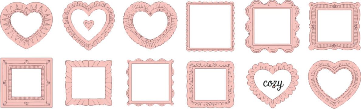 Hand drawn pink frame collection with romantic heart shapes and ornate square borders for feminine scrapbooking and card making.