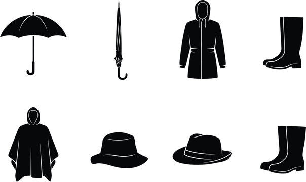 Set of black rainy weather icons including umbrellas waterproof coats boots and various hats with umbrella