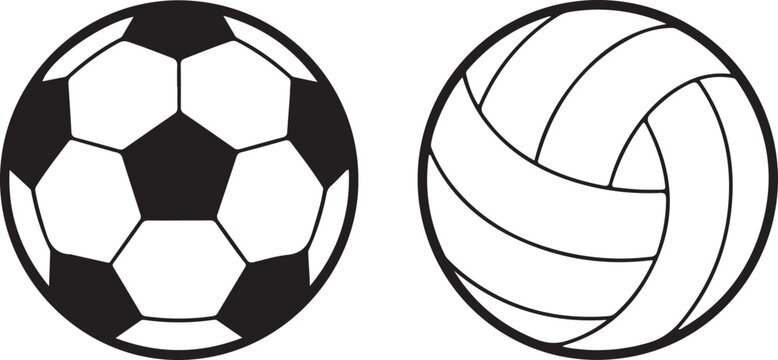 Round game balls set including classic pentagon pattern soccer ball and traditional panel style volleyball for sports activity.