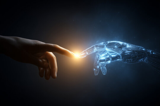 Human hand and blue robotic wireframe hand touching with golden spark on dark background.