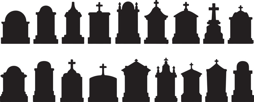Vintage cemetery headstones silhouettes collection for halloween and graveyard themed graphic compositions on transparent back.