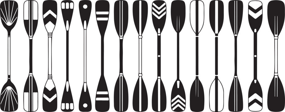 Kayak paddle and canoe paddle set vector graphic, boat oar black silhouette, isolated on a transparent background.