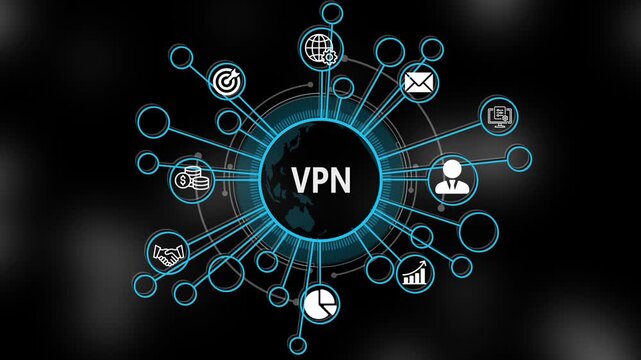 VPN concept 3d illustration. Business, technology, internet and networking concept. Strategic financial success vision displayed on a virtual screen. 4k video