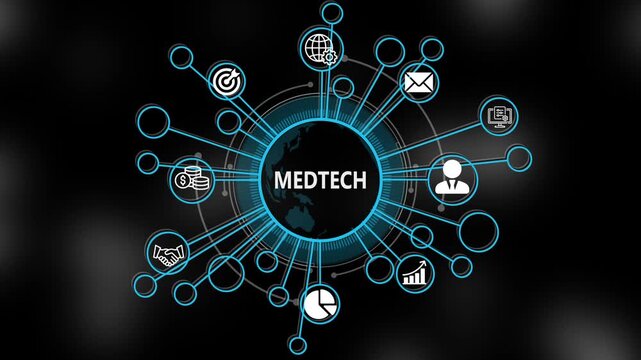 Medtech concept 3d illustration. Business, technology, internet and networking concept. Strategic financial success vision displayed on a virtual screen. 4k video